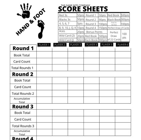 Printable Hand And Foot Card Game Score Sheet
